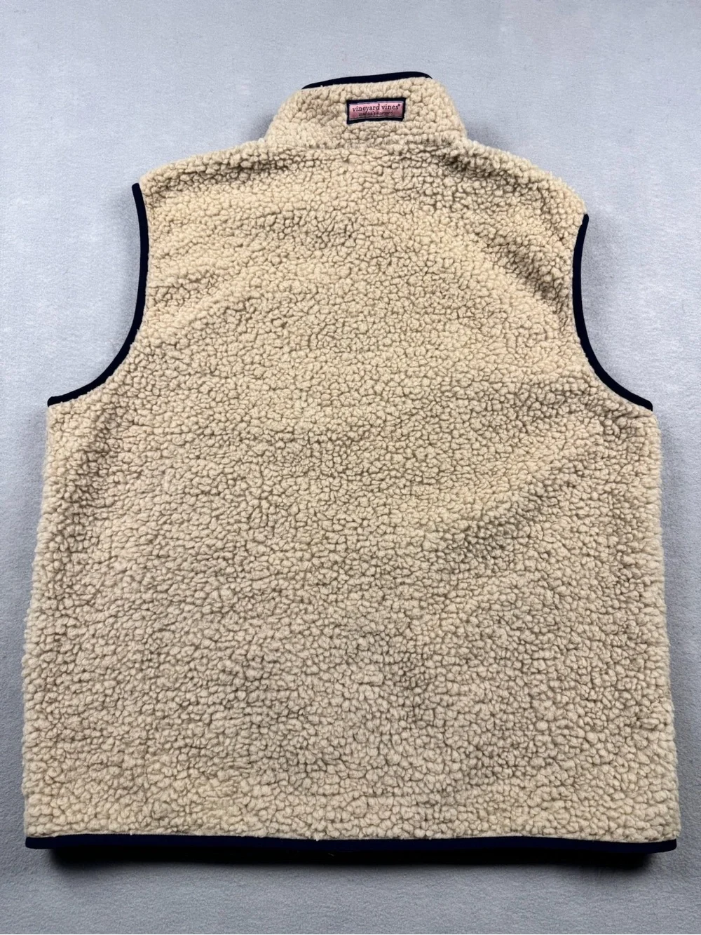 Vineyard Vines Vest Mens XL Cream Sherpa Navy Full Zip Pockets Outdoor Collared
